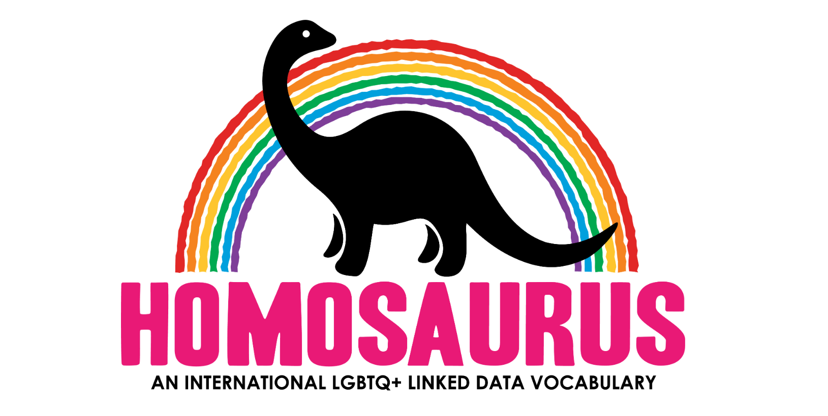 Homosaurus logo; a dinosaur silhouette standing front of a rainbow. 'Homosaurus, an international LGBTQ+ linked data vocabulary'