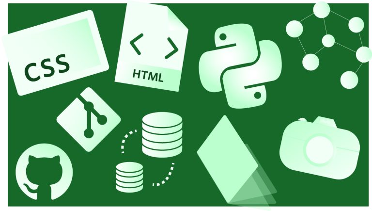Logos of CSS, HTML, Python, NoSQL, Git, GitHub, databases, ePortfolios, and a camera in a light green to white gradient on a dark green background.