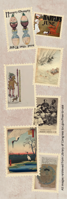 various archival images from the library of congress, featuring humpty dumpty, a painting of japanese cranes, a chinese painting of mountains, people sitting together and reading, and an Indigenous person.