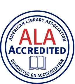 The “ALA Accredited” logo consists of a double outlined circle with the words “ALA Accredited” in the center. The words “American Library Association” run from left to right on the top inside edge of the inner circle and the words “Committee on Accreditation” run from left to right on the bottom inside edge of the inner circle. The typefaces are as follows: “ALA” is Meta Bold, “Accredited” is Meta Book, and “American Library Association” and “Committee on Accreditation” are in Bell Gothic. The colors for the logo are red and blue, with the words "ALA" in red (PMS 032) and "Accredited" in blue (PMS 072). The words, “American Library Association” and “Committee on Accreditation” are in blue and the double outline is also in blue.